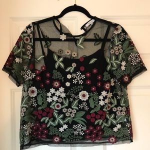 Floral embroidered mesh top